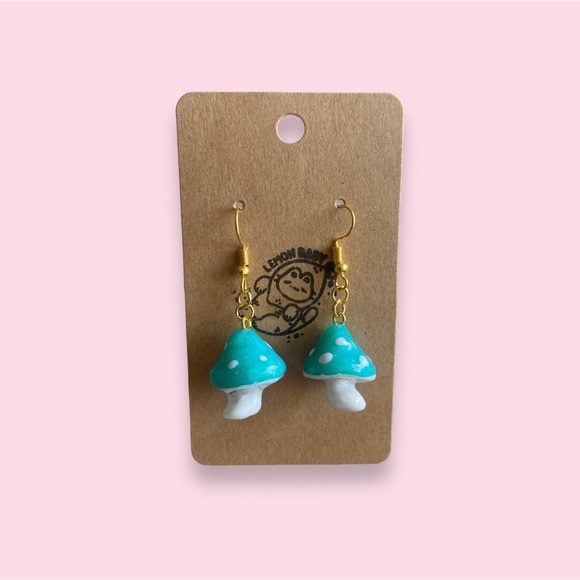 Handmade Green Mushroom Cottagecore Cute Dangle Earrings - Seafoam - Dainty - Picture 5 of 5
